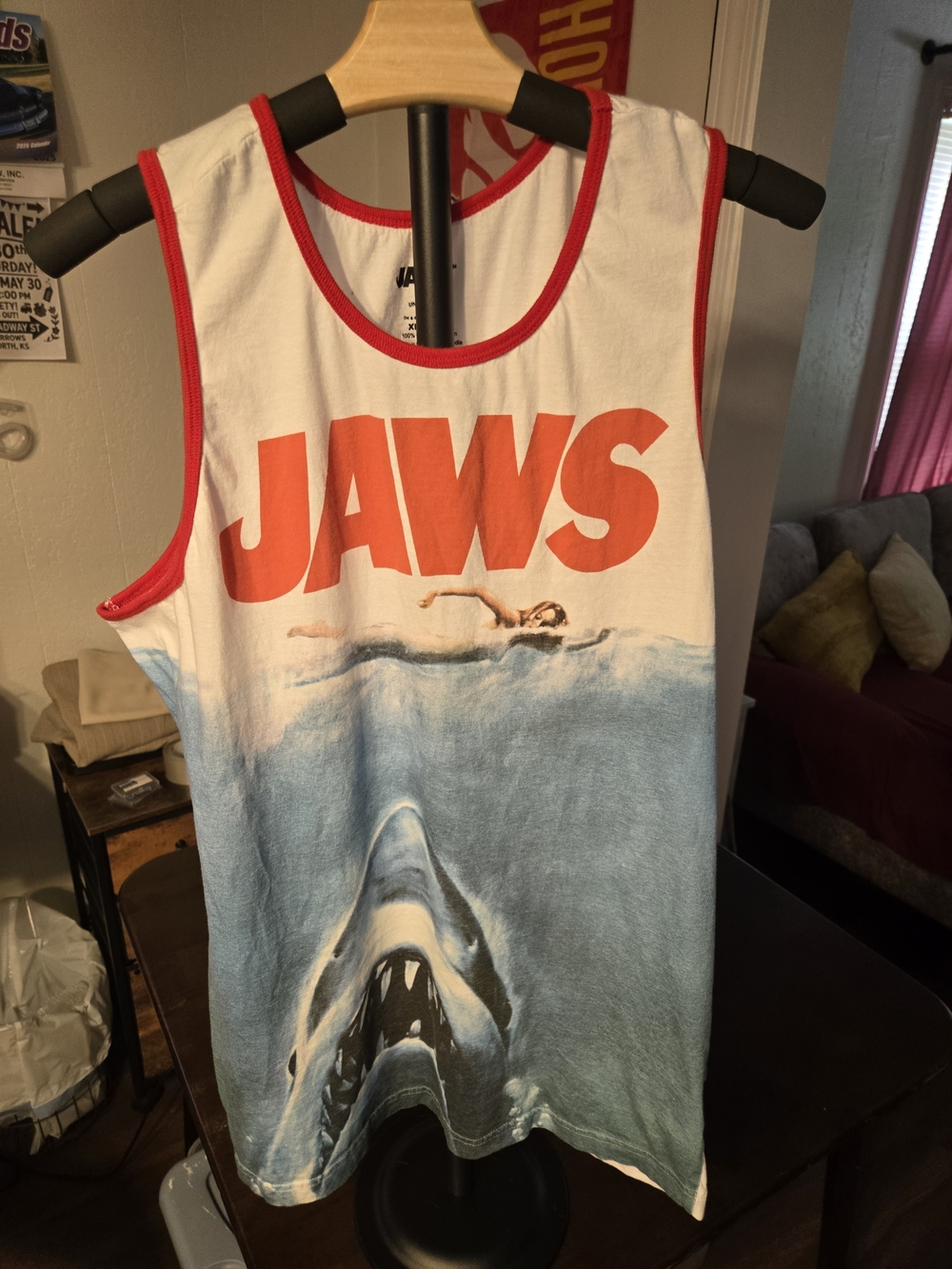 Jaws Graphic Tank Top - White/Blue with Red Trim